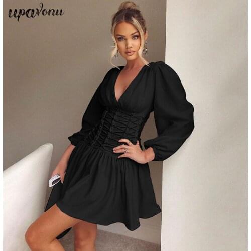 Free Shipping 2021 New Women Sexy Dress Black V-neck Lantern Long Sleeve Lace-UpA Line Mini Dress Celebrity Club Party Vestidos