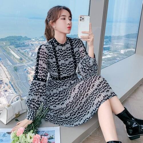 Women 2021 Spring Fall Fashion Stand Collar Lantern Sleeve Black Plaid Printed Beading A Line Slim Elegant Party Mini Dress Vest
