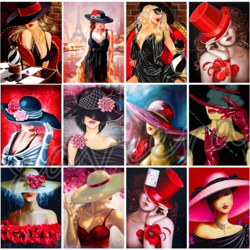 5D Diy Diamond Painting Elegant Lady Red Top Hat Full Drill Square Round Rhinestones Mosaic Cross Stitch Kits Home Decor Crafts