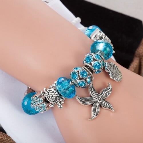 ANNAPAER Brand Ocean series Sea turtles Charm Bracelets For Women Blue Crystal Beads Bracelets & Bangles DIY Jewelry B16055