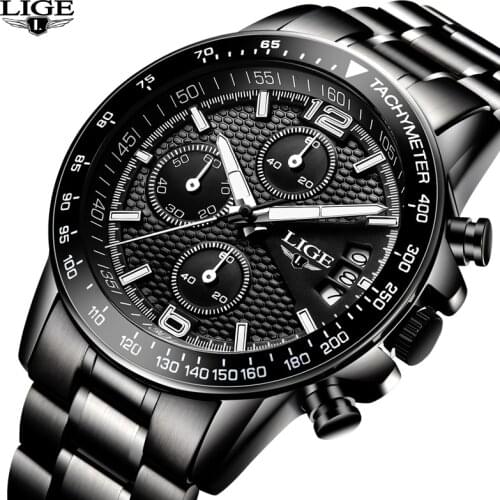 New LIGE Watches Men Luxury Brand Sport Quartz Full steel Watch Man Waterproof Military Wrist watches Men Fashion black Clock