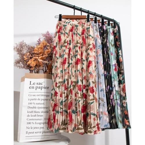 Croysier Skirts Womens 2021 High Waist Floral Print Mid Calf Long Pleated Skirt Women Summer Vintage Elegant Chiffon Midi Skirt