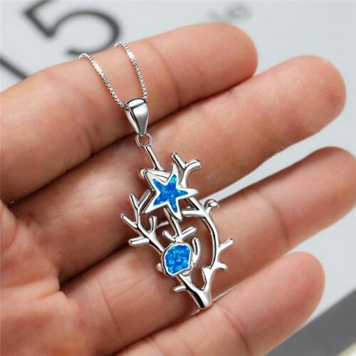 Dainty Female Blue Opal Pendant Necklace Charm Silver Color Chain Necklaces For Women Dainty Ocean Coral Wedding Jewelry