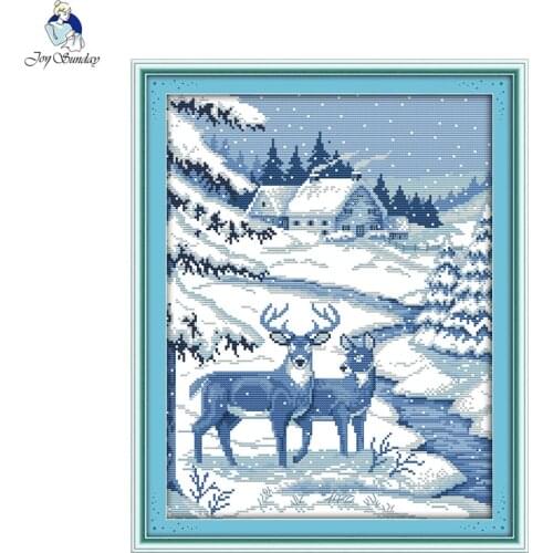 Joy Sunday Two Snow Deer 11CT Printed Fabric 14CT Canvas DMC Counted Chinese Cross Stitch Kits Embroidery Needlework Home Decor
