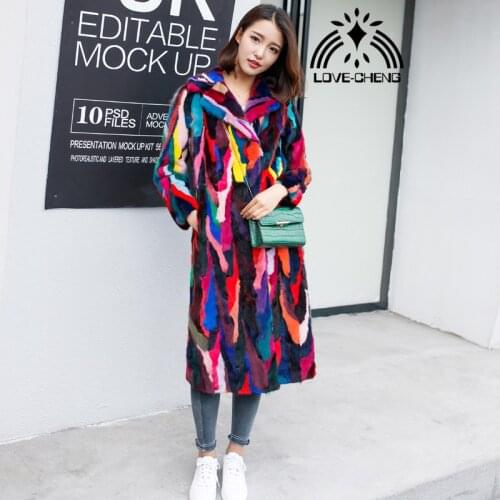 New genuine real natural mink fur coat women x-long multi-color jacket ladies colorful long outwear overcoat custom any size