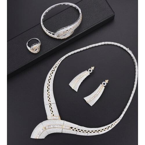 LARRAURI 4PCS Cubic Zirconia Jewelry Sets Statement Necklace Earrings Bangle Rings For Women Dubai Bride Wedding Accessories