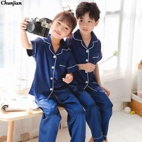 Boys and Girls Summer Short Satin Pajamas Kids Satin Sleepwear 2pcs Childrens Clothing Sets Boys Sets Night Suit for Teenager