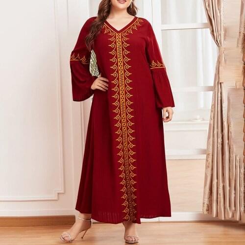 Summer 2021 Fashion New Oversize Indie Nationality Embroidery Long Sleeve Solid Color Folds V-neck Loose Casual Muslim