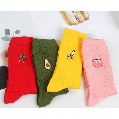 Cute Cartoon Fruit Print Avocado Banana Cherry Peach Girls Kawaii Socks meias Korean Harajuku Embroidery Pile Heap Funny Socks