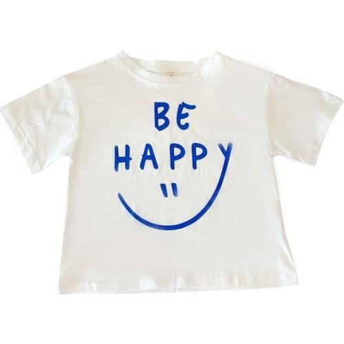 Oversize Fashion T-shirt for Baby Boy and Girls Letter Be Happy Smile Cotton Solid Short Sleeve T-shirt Childrens Clothing