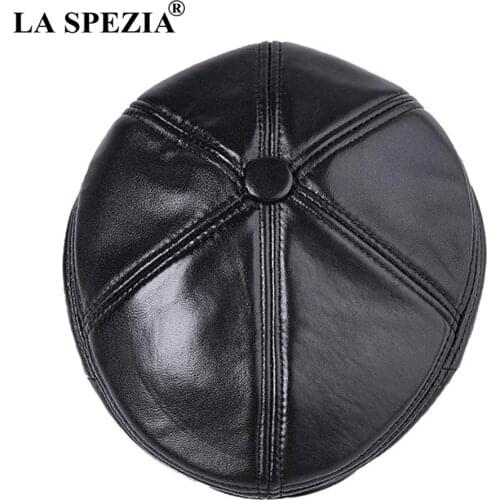 LA SPEZIA Black Leather Beret for Men Autumn Winter Thick Warm Genuine Sheepskin Leather Cabbie Cap Male Leather Hat Flat Hat