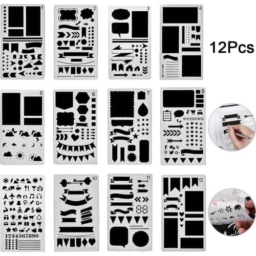 12/20 Pcs Bullet Journal Stencil Set Plastic Planner DIY Drawing Template for Diary Notebook Scrapbook Stencils for Decoration