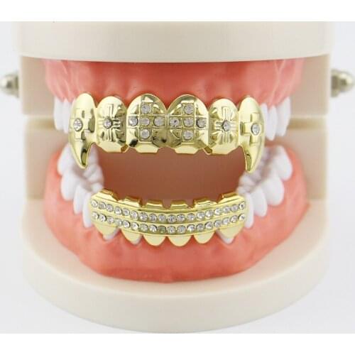 Teeth Grillz for teeth Men Women Body Jewelry Iced out Hip Hop Top Bottom cross False Teeth Bump Lattice Dental Grills Set