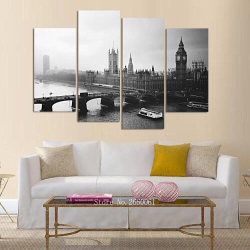 New 4 Piece Canvas Art Blcak and White Building Night View painting HD CANVAS Painting Decoration For Home Wall Art Print B443