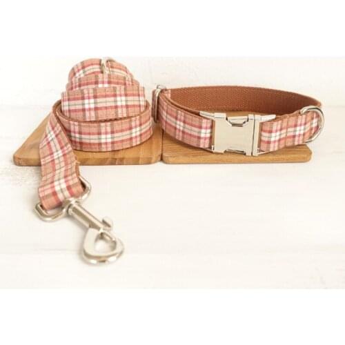 Orange Plaid Dog Collar with Bow tie and Leash Personal Custom Adjustable Pet Cotton Dog &Cat Necklace