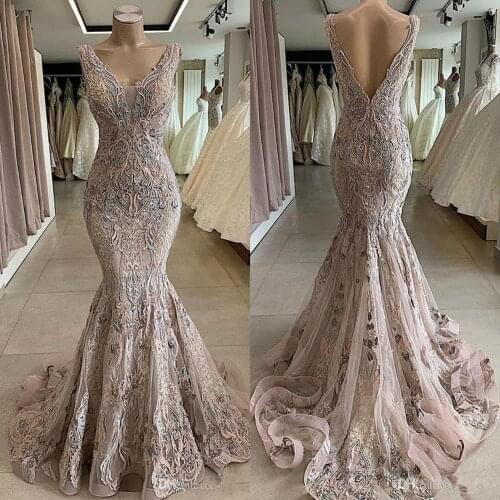 2020 Latest Lace Beaded Mermaid Prom Dresses Deep V Neck Appliqued Backless Pageant Prom Gowns Formal Party Wear