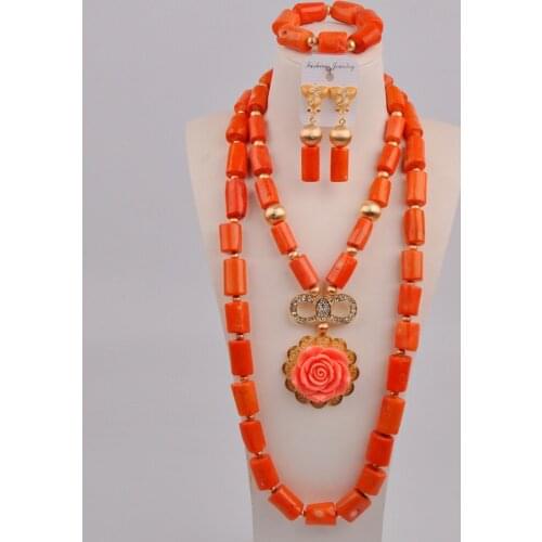 Latest Orange Nigerian Coral Beads African Wedding Coral Jewelry Set 11-A02
