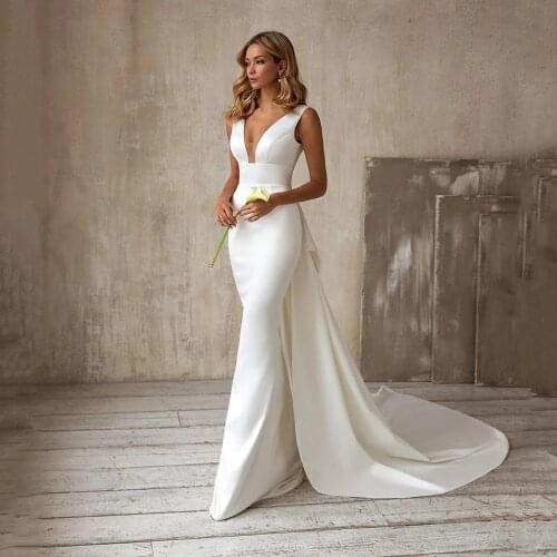 YIWUMENSA Simple V Neck Satin Mermaid Wedding Gowns White Boho Bridal Dresses With Bow Custom Made Backless Robe De Marriage