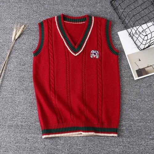 2020 Christmas Sweater Japanese Jk Uniform Loose Sweater Pullover Long Sleeve V-neck Soft Girl Couple Autumn Winter Top Red Vest