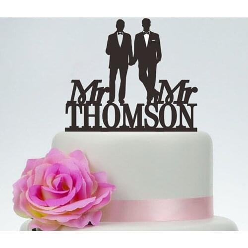 Gay Wedding Cake Topper,Mr and Mr Same Sex Wedding Cake Topper, Acrylic Silver Black Gold Wooden Personalized Silhouette Cake