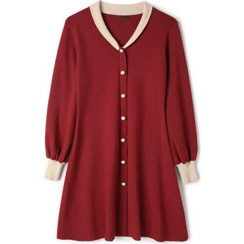 PERHAPS U White Black Red Blue Pink Puff Sleeve Pearl Button Patchwork Knitted Long Sleeve Mini Short Dress Vintage Autumn D0920