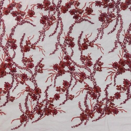 2021 Wine Red Heavy Handmade Beaded Lace Embroidery Beads Pears With Stones Latest Nigeria Burgundy Wedding Dress HY1392