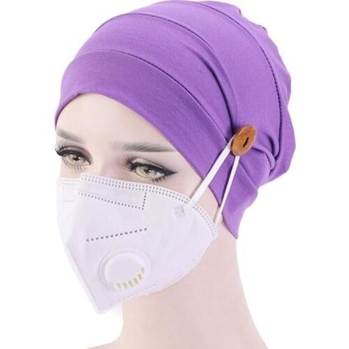 Turban Women Sleep Cap Soft Cotton Hat with Button Wearing Mask Ear Protection Hat Ladies Headwear Hair Jewelry Accessories