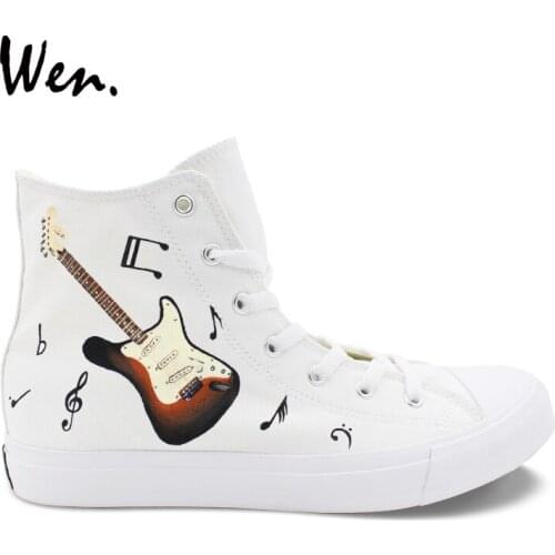 Wen Original Design Music Notation Guitar Hand Painted Sneaker High Top White Men Womens Canvas Rubber Shoes for Birthday Gifts