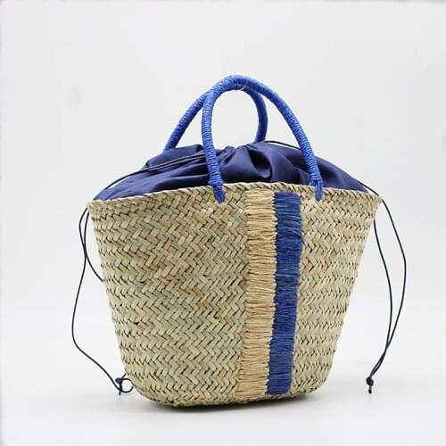 Waterweed portable straw woven bag blue black woven bag