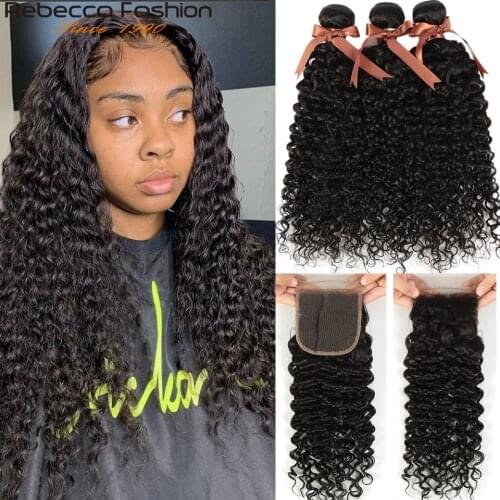 Rebecca Remy Water Wave Brazilian Human Hair 3 Bundles With Closure 4x4 Brazilian Water Wave With Lace Closure