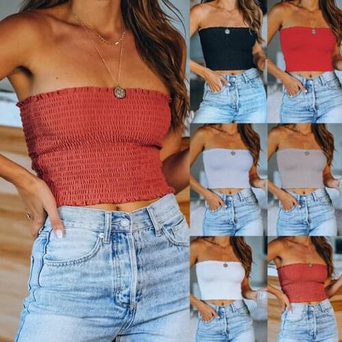 Women Sexy Solid Strapless Sleeveless Blouses Tank Tops Ruched Short Off Shoulder Intimates Tube Tops summer Wrapped Chest Tops