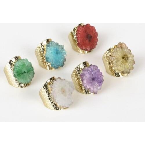 Pure Gold Color Blue White Violet Red Geode Quartz Crystal Stone Slice Bead Charms Adjustable Open Hammered Ring Cuff For Women