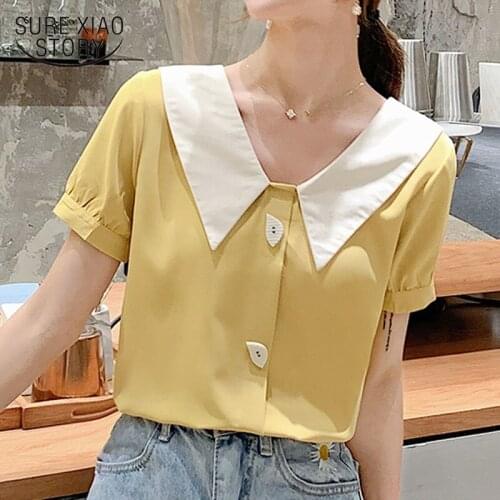 2021 Summer New Solid Color Splicing Sweet Ladies' Tops Short Sleeve Peter Pan Collar Front Button Chiffon Blouse Women 9094 50