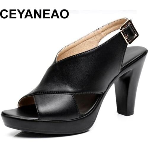 CEYANEAO Open Toe Genuine Leather Platform Sandals Woman Summer 2021 High Heels Sandals Women Sexy Office Shoes Plus Size 33-43