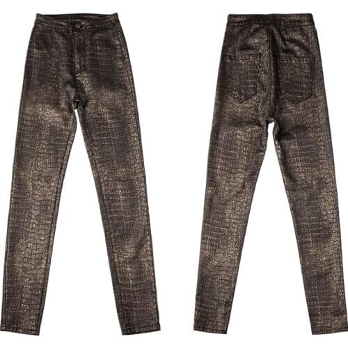 DSQBRAND new small feet crocodile pattern womens trousers fashion tight trousers high waist sexy PU leather casual pants luxury