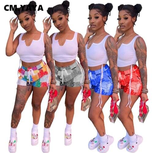 CM.YAYA Women Set Elastic Summer Tanks Drawstring Print Shorts Suits 2 Piece Set Female Casual High Street Wear Tracksuits