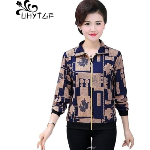 UHYTGF Women Coat Fashion Printing Casual Mother Spring Autumn Jacket Long-Sleeved Short Tops Female Thin Plus Size Outwear 2174