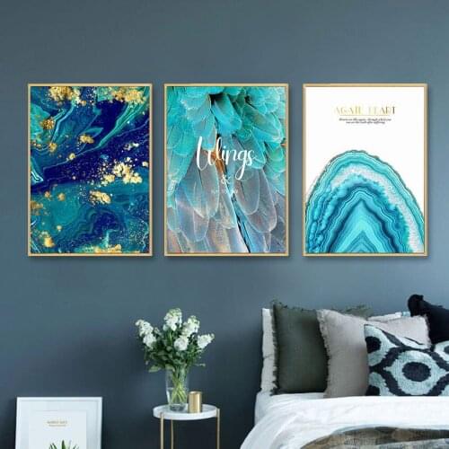 Gold Foil Line Blue Feather Quote Canvas Prints Wall Posters Living Room Bedroom Home Decor Modern Abstract Art Painting