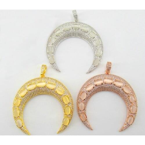 2 pcs 43x43mm Moon Gold plated cubic zircon CZ Paved Connector Charms necklace pendant Jewelry DIY Jewelry Findings