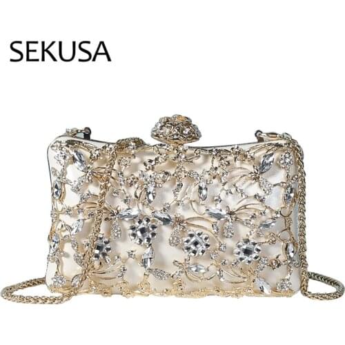Rhinestones Hollow Fashion Lady Evening Bags Metal Flower Design Diamonds Clutch Shoulder Chain Party Wedding Female New Handbag