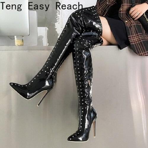 Black Sexy Over The Knee Boots Women High Heels Shoes Ladies Thigh High Boots Spring Leather Long Boots Female Shoe Plus Size 47