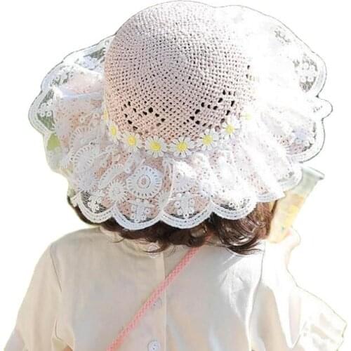 2020Summer Baby Hat Straw Lace Princess Hat Outdoor Beach Travel Sun Protection Kids Bucket Korean Hat Daisy Kids Cap Free Size