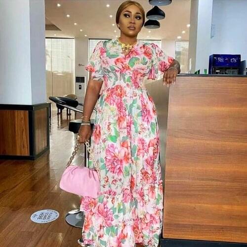 African Print Long Dresses For Women Boho Floral Chiffon Dress Ankara Dashiki Party Gown Abaya Elegant Ladies Summer DR-173