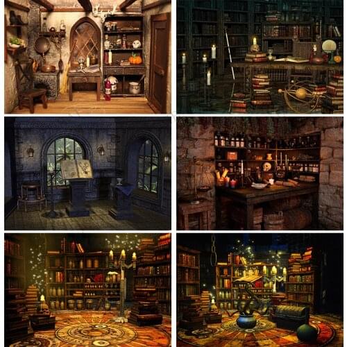 Halloween Photography Backdrop Witch Magic Cauldron Bookshelf In Spooky Room Party Background Photo Studio Booth Props