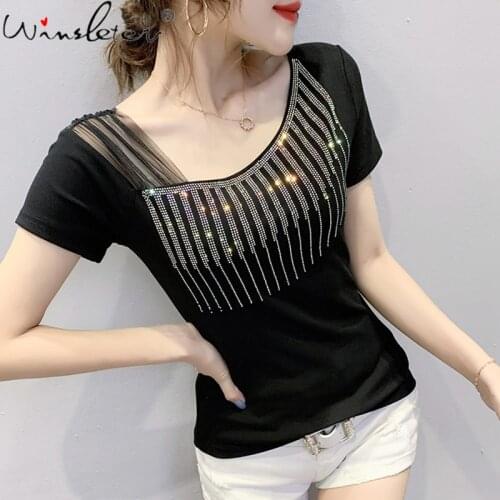 Chic Rhinestones Diamante Summer T Shirt Women Casual Tee Shirts O-neck Short Sleeve Tshirt Fashion Ladies Clothings T07806B