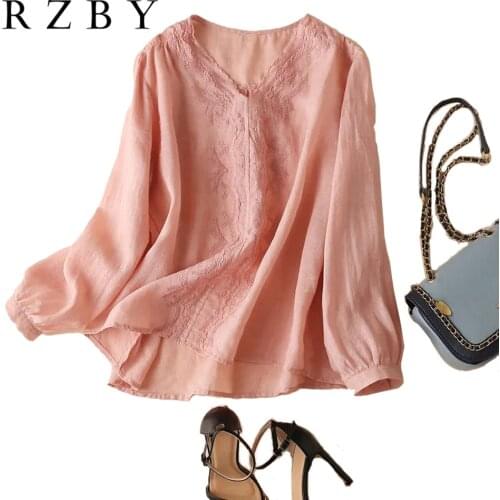 Cotton Linen Long Sleeve Shirt Women Loose Casual Tops Fashion Vintage Embroidery V-neck High Quality Female Blouses RZBY471