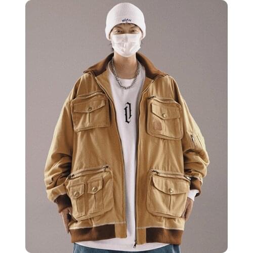 Spring autumn Multi Pocket Mens clothes deep black Hooded Jacket Hiphop zipper Harajuku Streetdress loose comfortable oversized