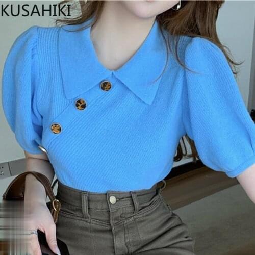 KUSAHIKI Puff Short Sleeve Women Sweater Cardigan Spring 2021 New Women Knitwear Buttons Turn-down Collar Knitted Tops 6E967