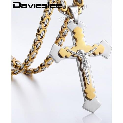 Davieslee Multilayer Cross Jesus Pendant Necklace for Men Stainless Steel Chain Byzantine Link Wholesale Jewelry LKP486