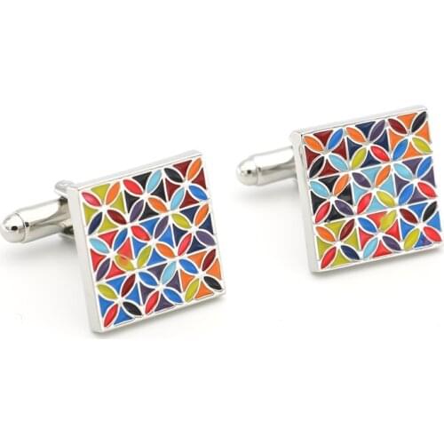 Mens Multicolour Square Cuff Links Copper Material Flower Design